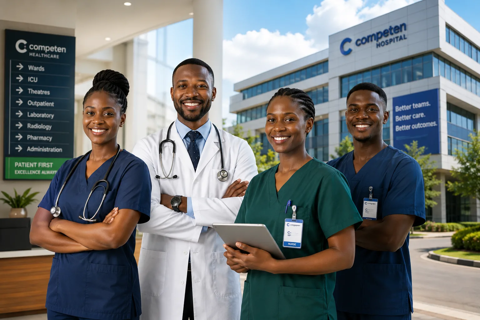 A hospital team outside the main entrance