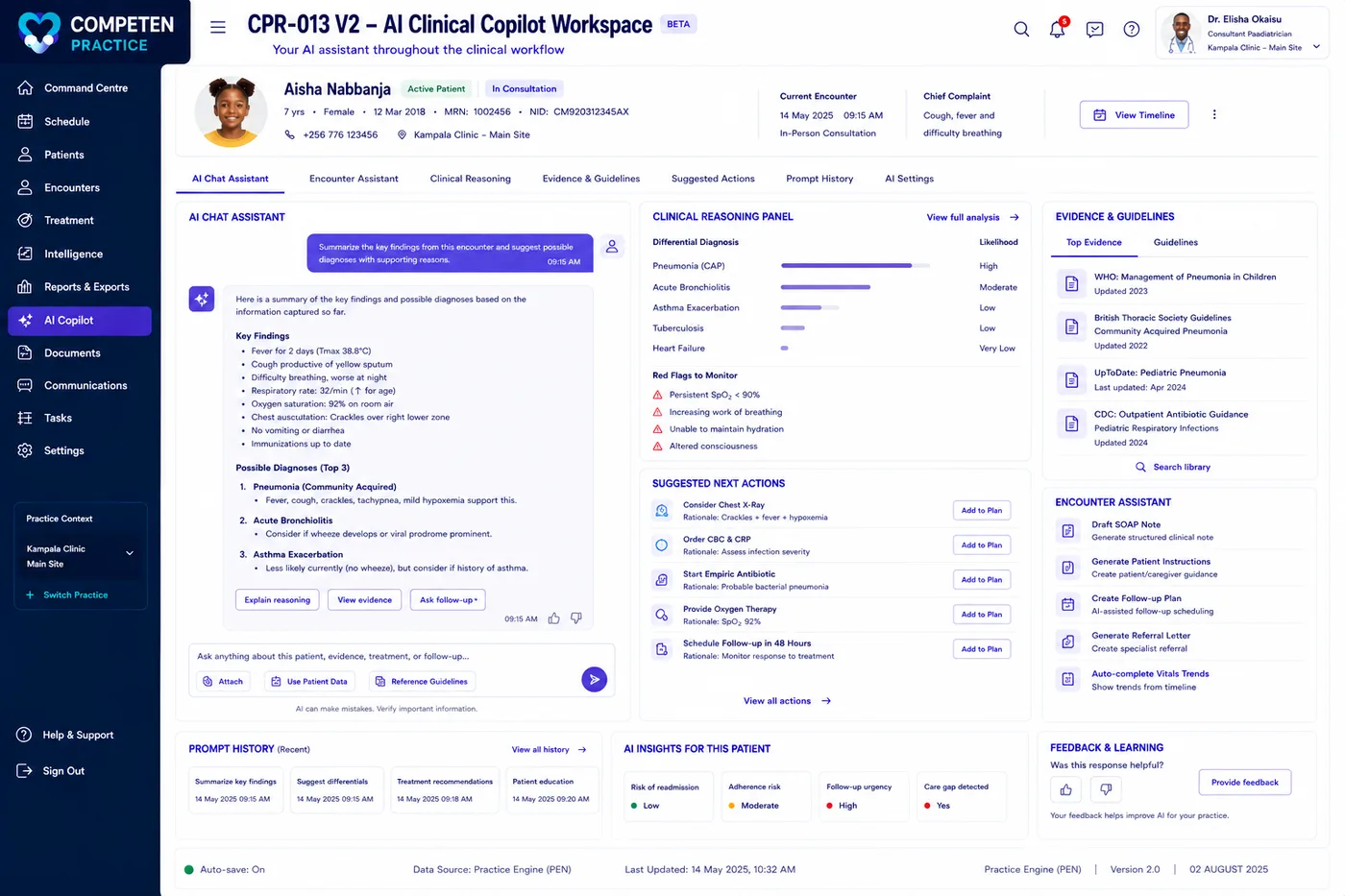 The AI clinical copilot workspace showing a chat assistant, clinical reasoning panel with differential likelihoods, suggested next actions and linked evidence