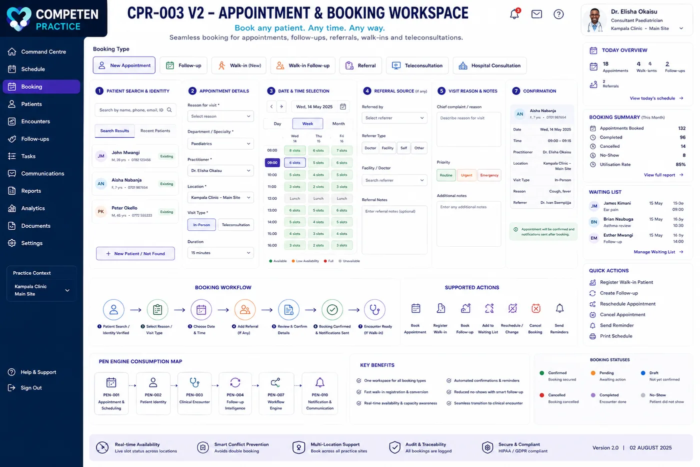The patient-facing online booking page: select service and clinician, choose date and time, review and confirm