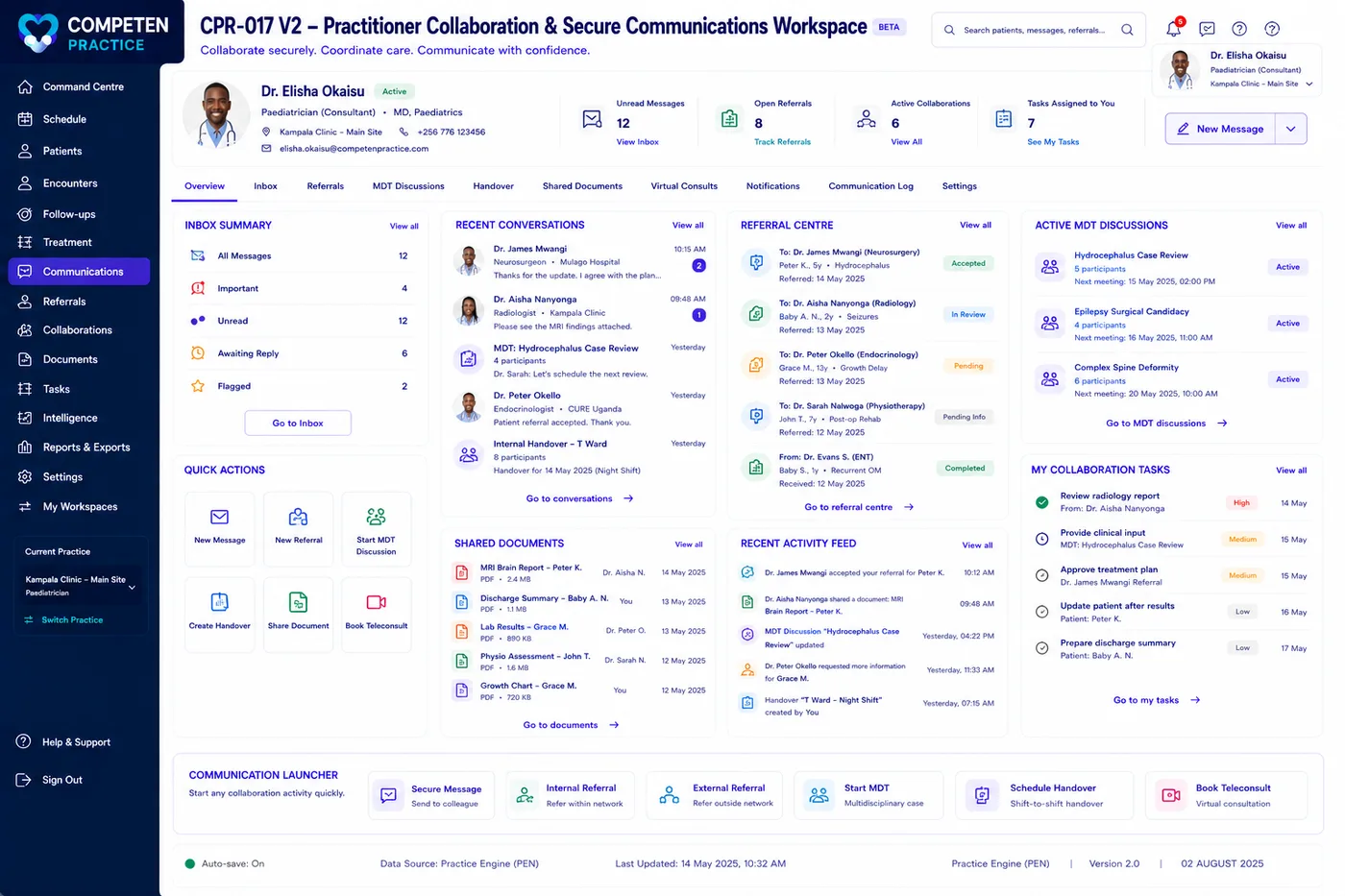 The practitioner collaboration workspace showing an inbox, recent conversations, referral centre, active multidisciplinary discussions and shared documents