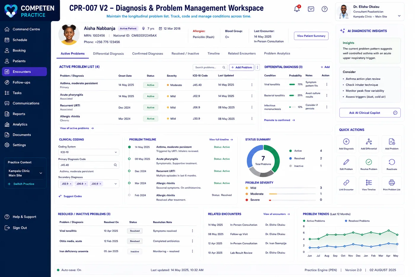 The diagnosis tracker showing active, provisional, resolved, past history and allergy entries with ICD-10 codes