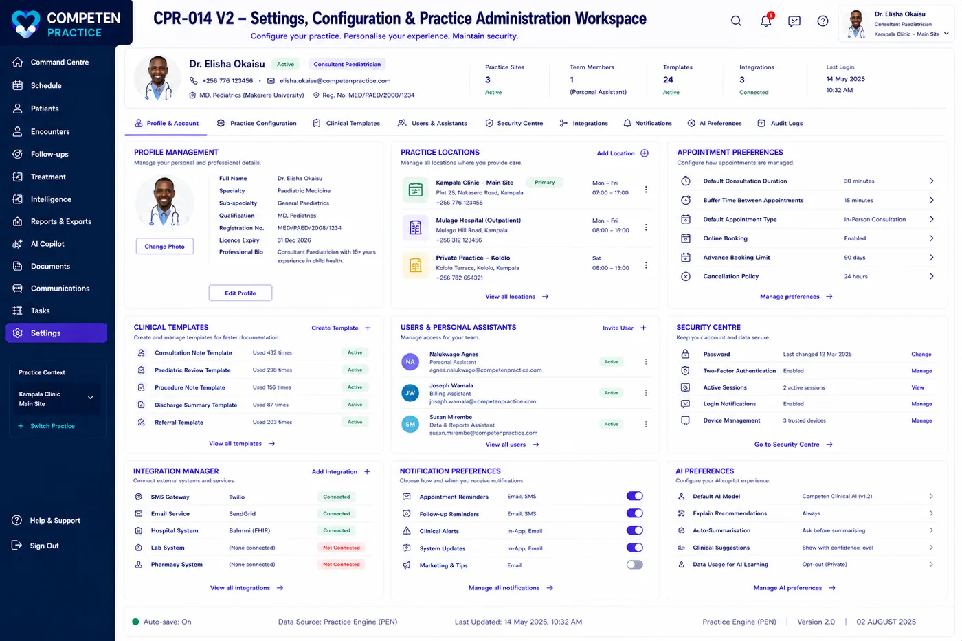 Practice configuration showing platform-managed read-only settings beside practice-managed editable settings, with subscription, feature entitlements and workspace membership